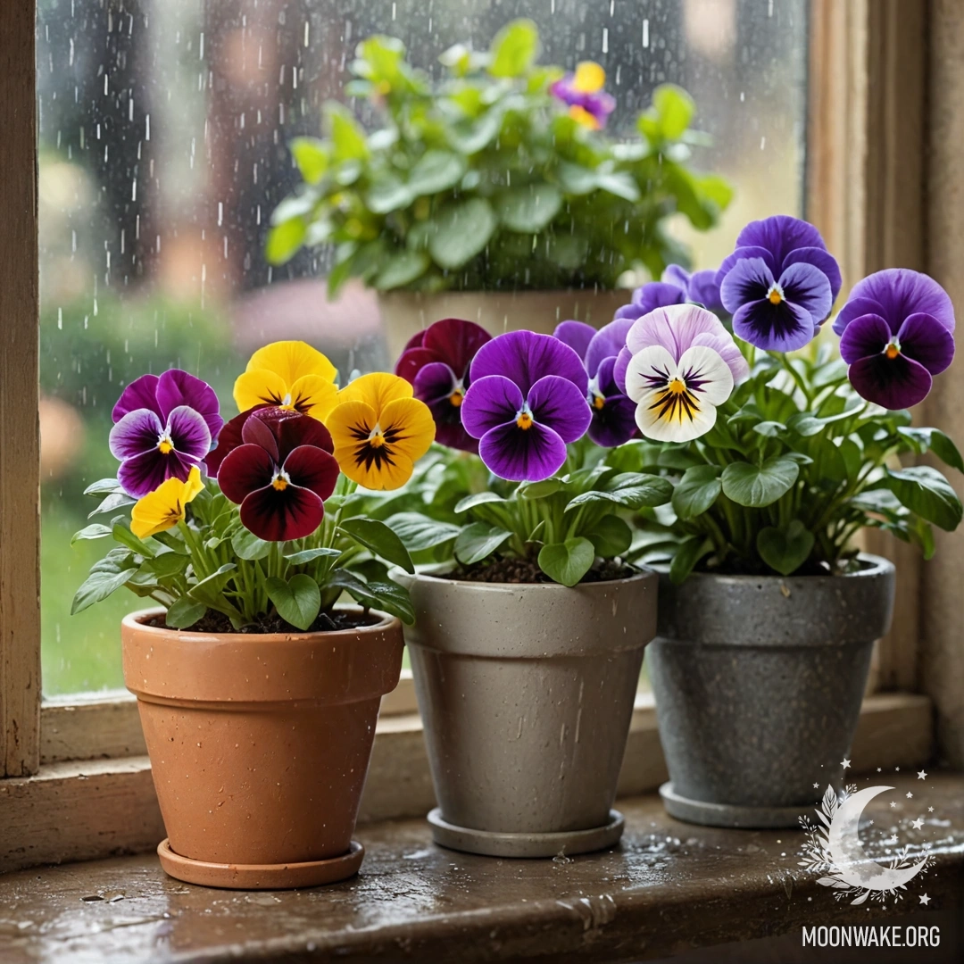 Cozy Vintage Flowerpots on Windowsill Vintage flowerpots with pansies on a shabby windowsill, rain falling.