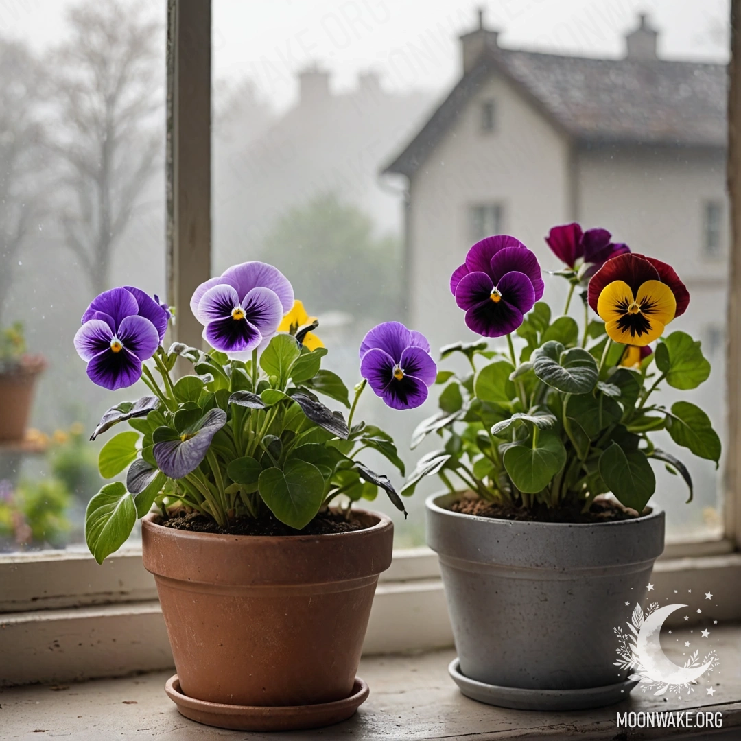 Cozy Vintage Flowerpots on a Windowsill Cozy vintage flowerpots with pansies, shrouded in dense fog on a windowsill.