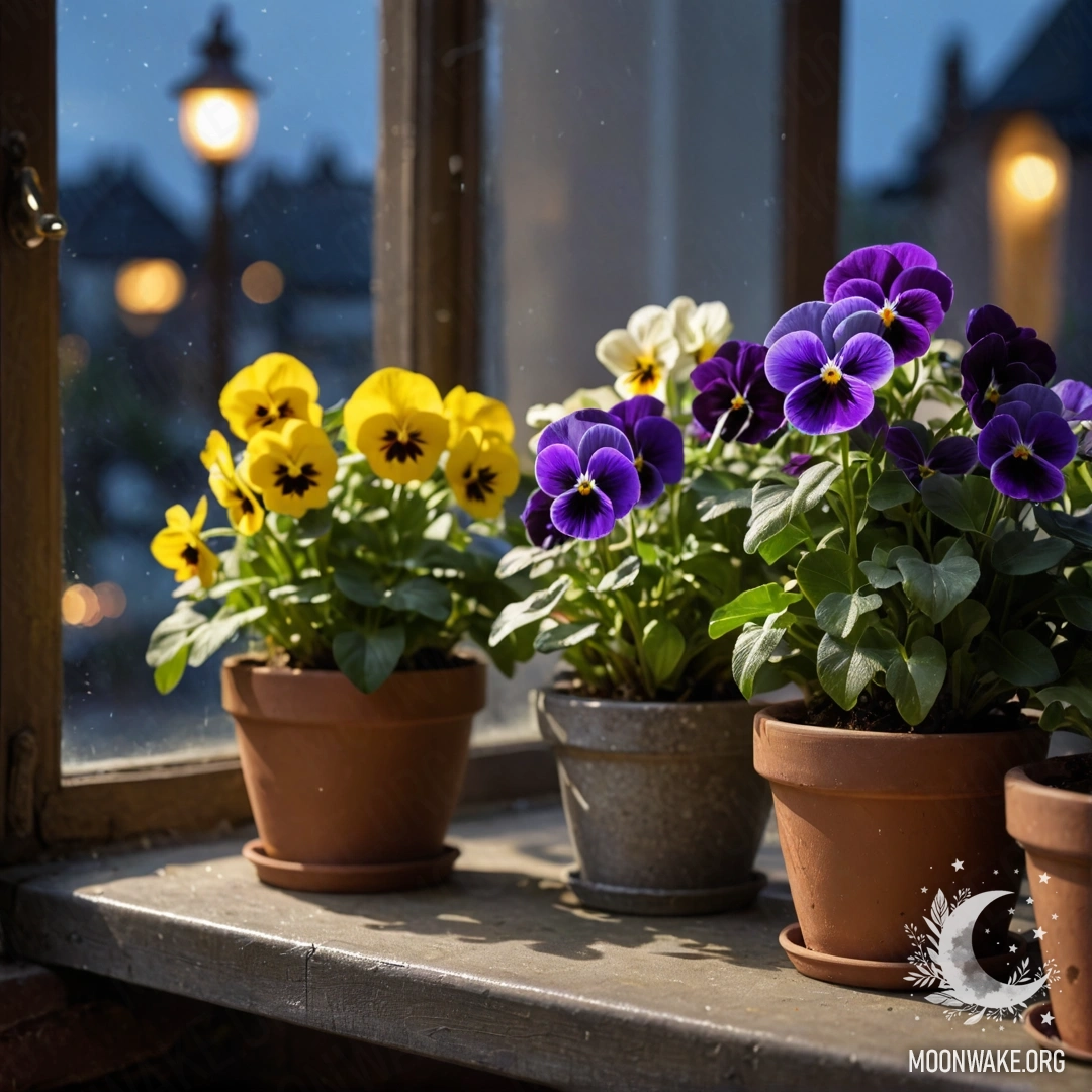 Cozy vintage flowerpots with pansies on a shabby windowsill at night.