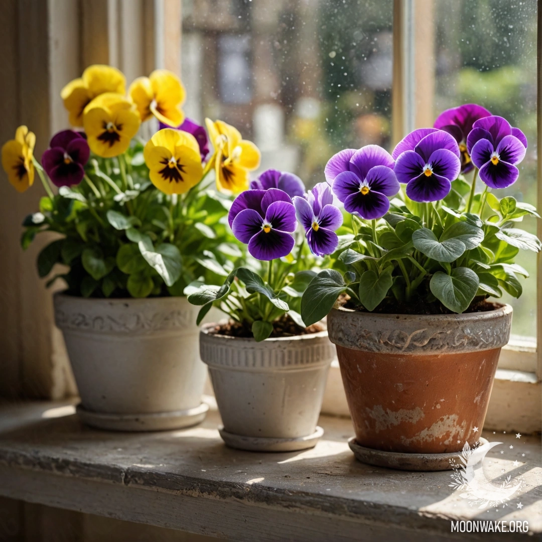 Cozy vintage flowerpots with pansies on a shabby windowsill.