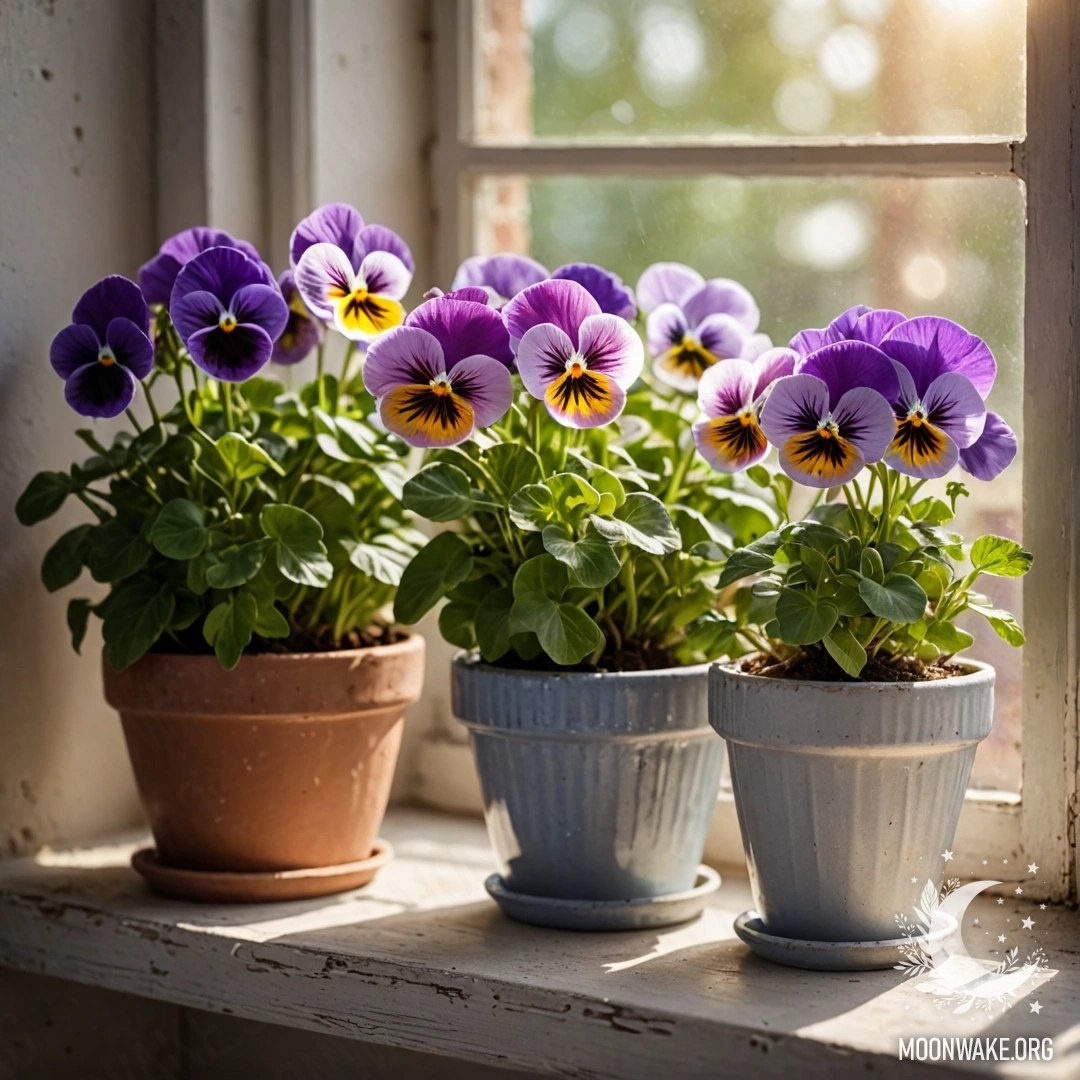 Photograph of vintage flowerpots filled with pansies on a shabby windowsill illuminated by sunlight.