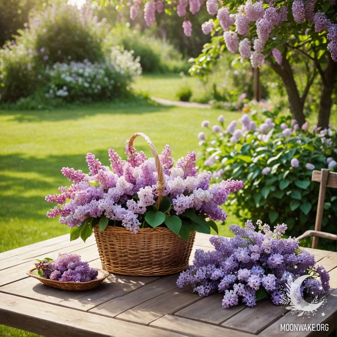 A vintage wooden table in a garden with a lilac basket.