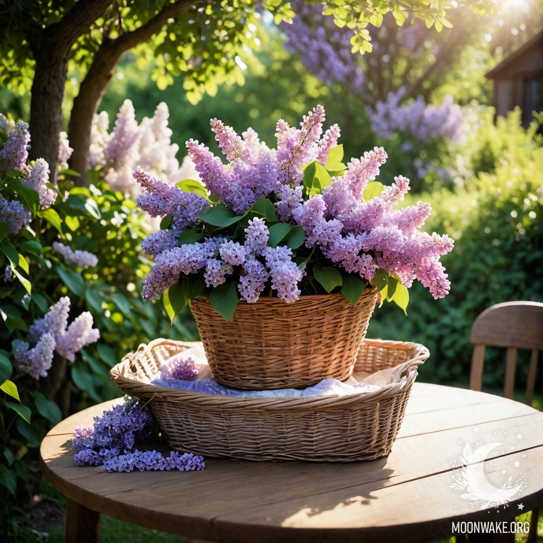 A cozy vintage wooden table surrounded by purple lilacs in a garden adorned with garland lights.