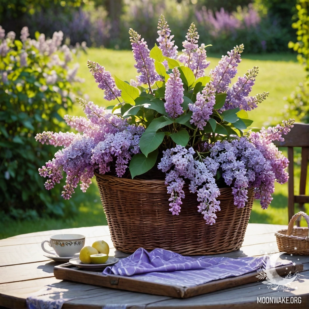 Cozy Vintage Garden Table with Lilacs A wooden table with a basket of lilacs in a garden setting.