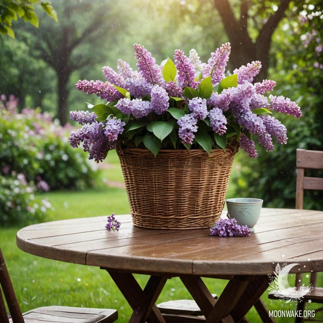 A cozy vintage wooden table with a basket of lilacs in a garden amidst greenery under the rain.
