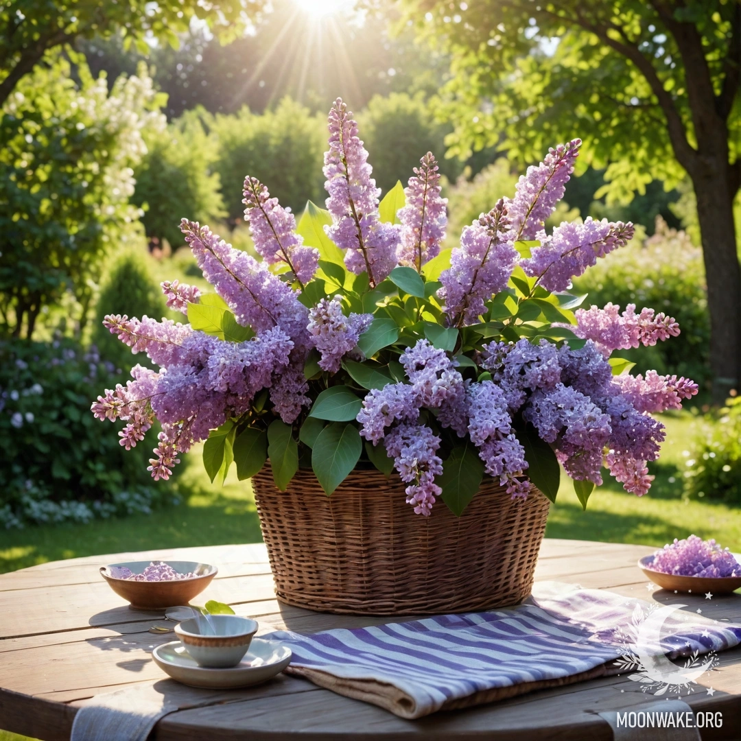 A cozy vintage wooden table with a basket of lilacs in a garden illuminated by sun rays.