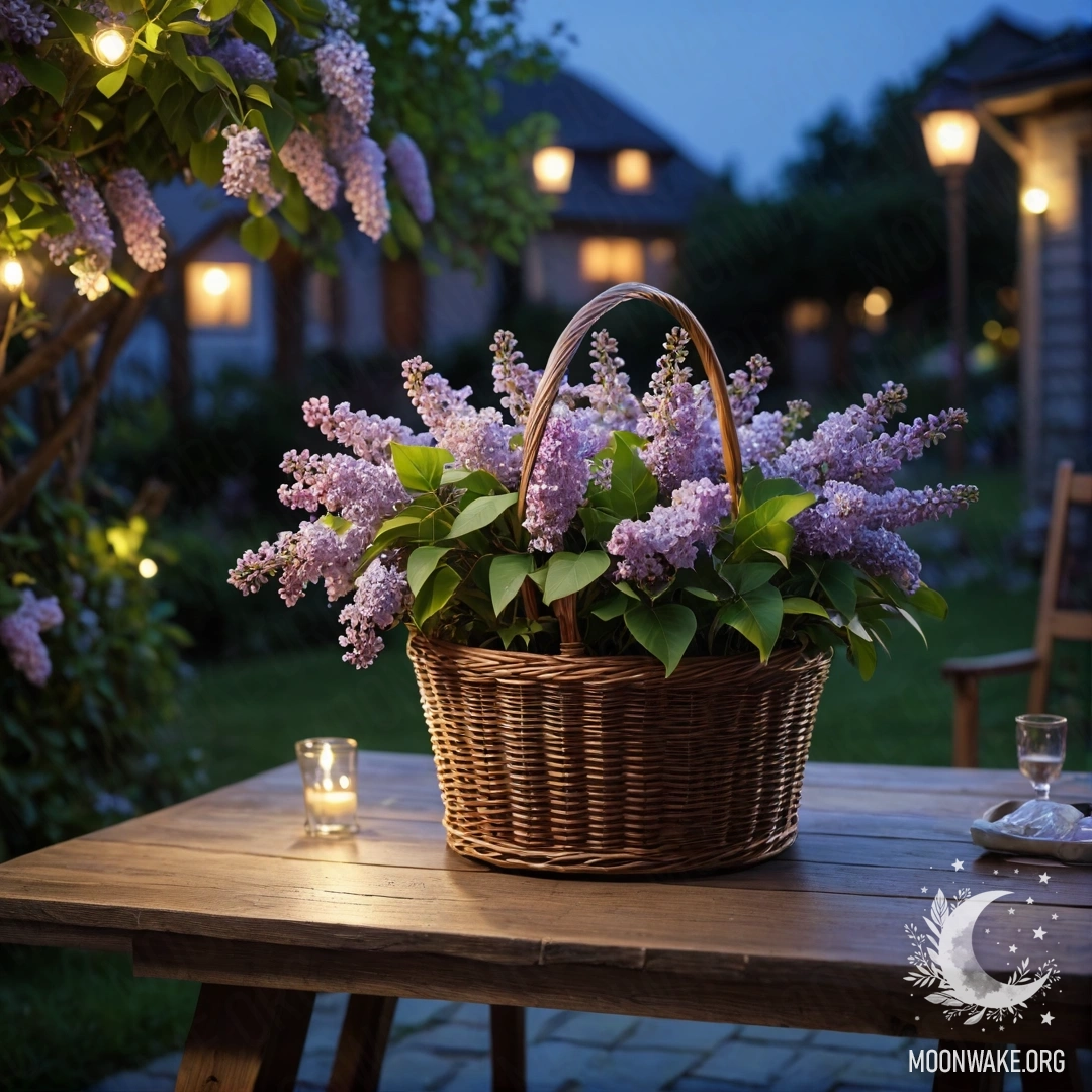 Cozy Vintage Table with Lilacs at Night A cozy vintage wooden table with a basket of lilacs in a garden at night.