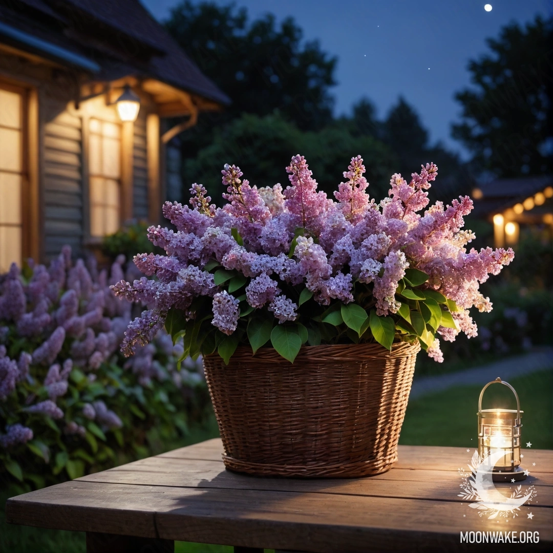 Cozy Vintage Table with Lilacs at Night A vintage wooden table with a basket of lilacs in a garden at night.