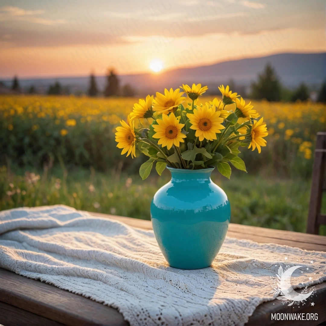 A cozy old wooden table with a white knitted tablecloth and a turquoise vase filled with yellow flowers at sunset.