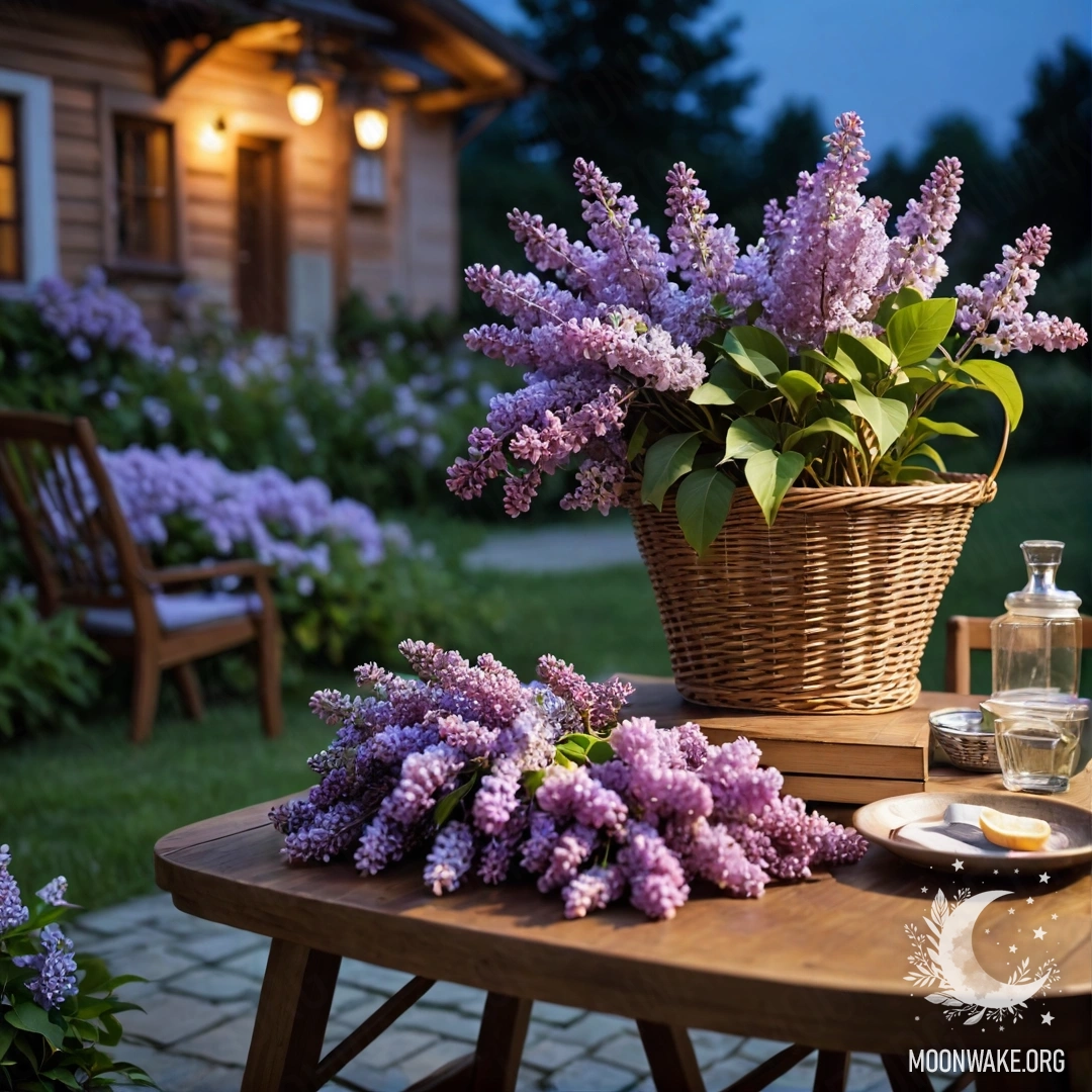 A cozy vintage wooden table with a basket of lilacs in a garden at night.