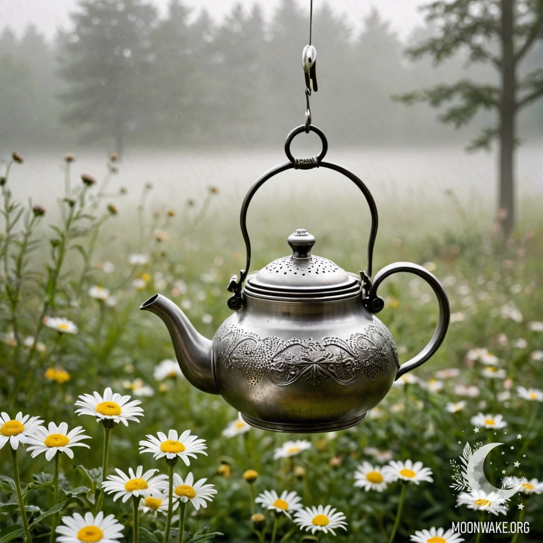 Whimsical Vintage Teapot with Daisies A vintage teapot hanging on a hook with a bouquet of daisies inside, blurred garden background.