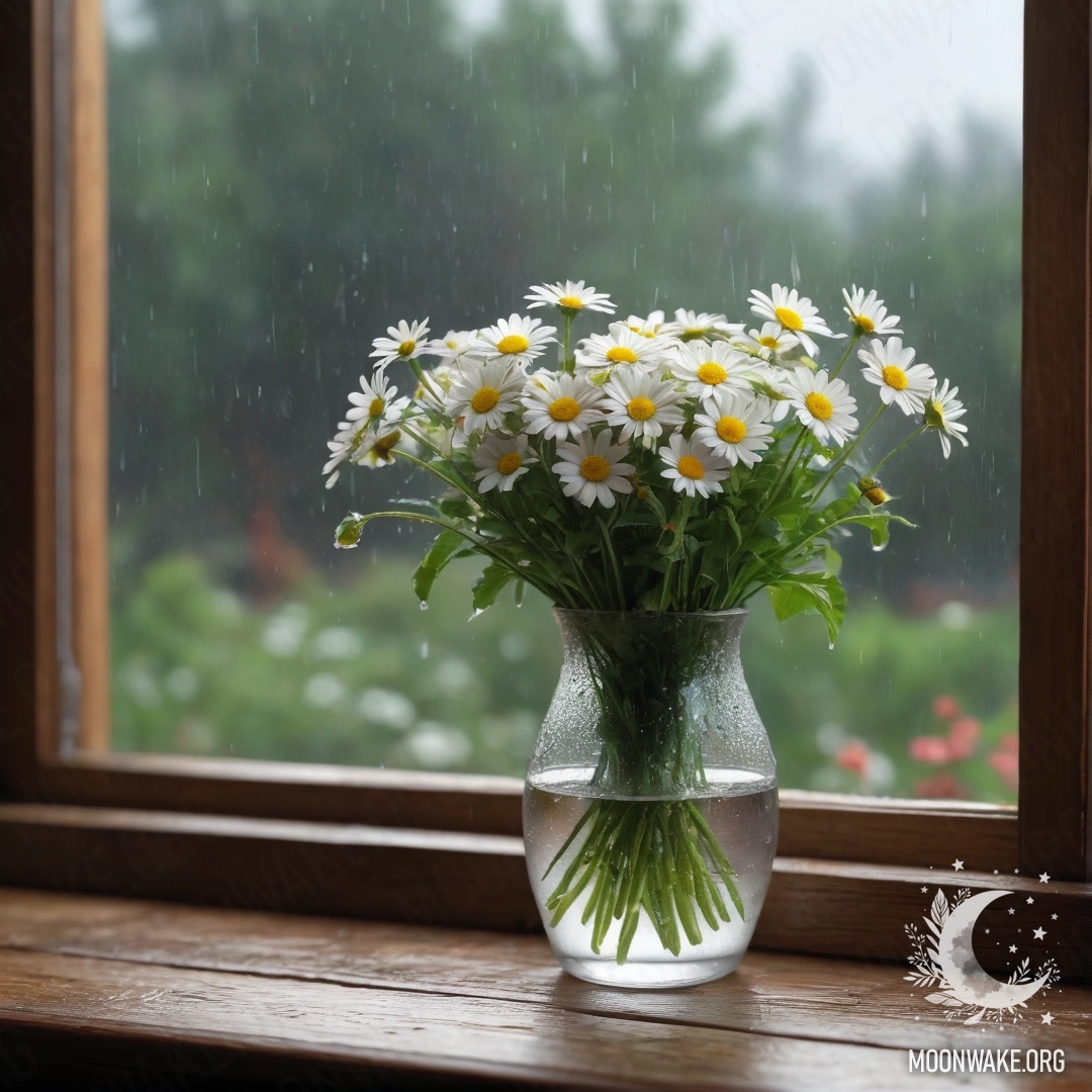 A glass vase with daisies placed on a wooden vintage windowsill, seen under rain.