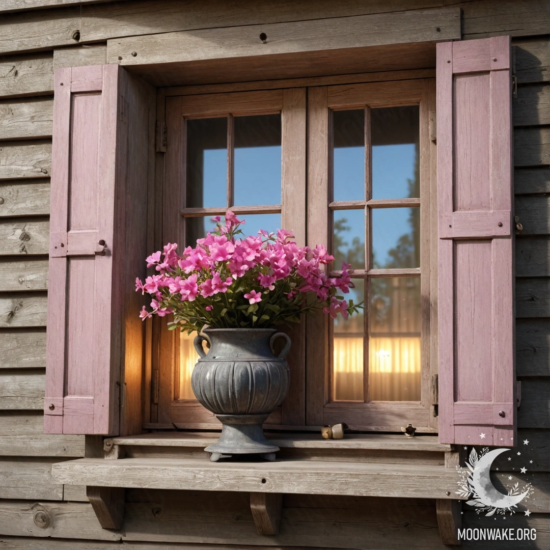 A shabby wooden window adorned with shutters, a kerosene lamp hanging above it, and pink flowers entwined around the window accompanied by a garland light.