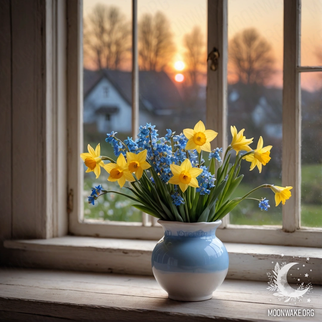 A vintage wooden window sill with a white porcelain vase filled with daffodils and forget-me-nots, bathed in sunset light.