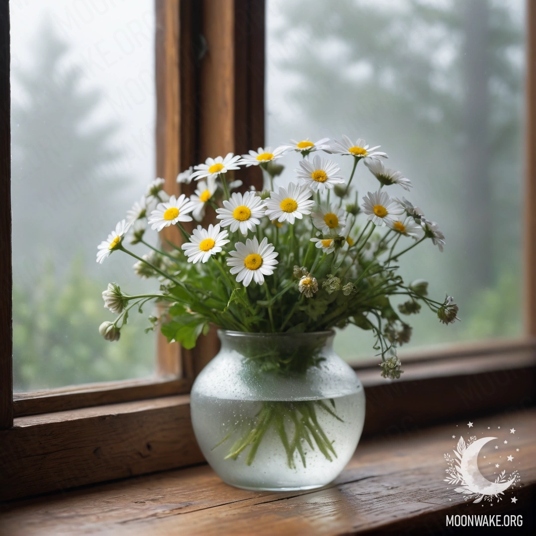 A glass vase filled with daisies resting on a vintage wooden windowsill surrounded by dense mist.