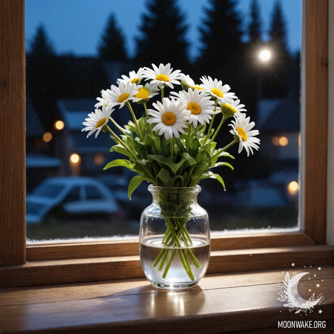 A cozy vintage windowsill adorned with a glass vase of daisies at night.