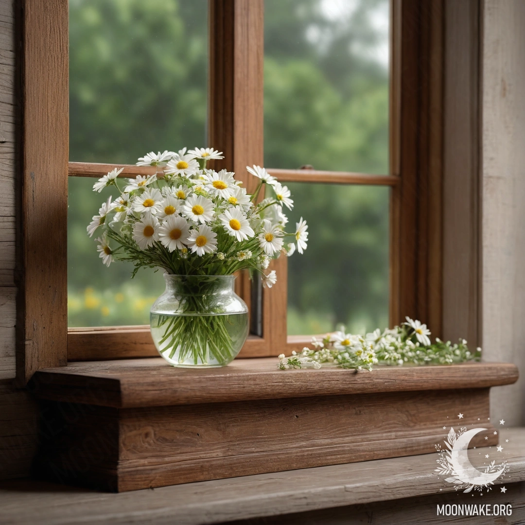 A cozy vintage windowsill with a glass vase filled with daisies and fairy lights.