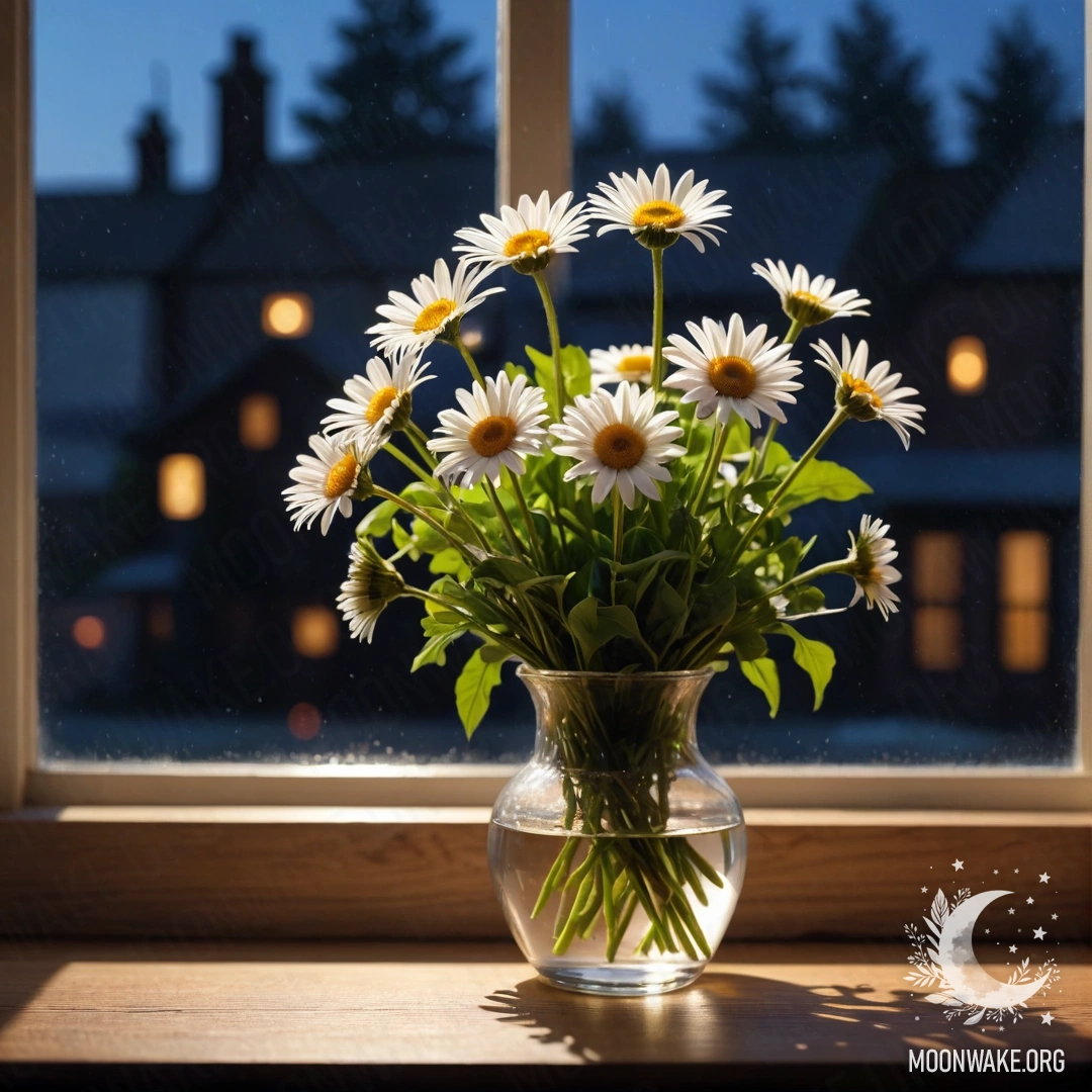 A cozy scene of a glass vase filled with daisies placed on a wooden vintage windowsill at night.