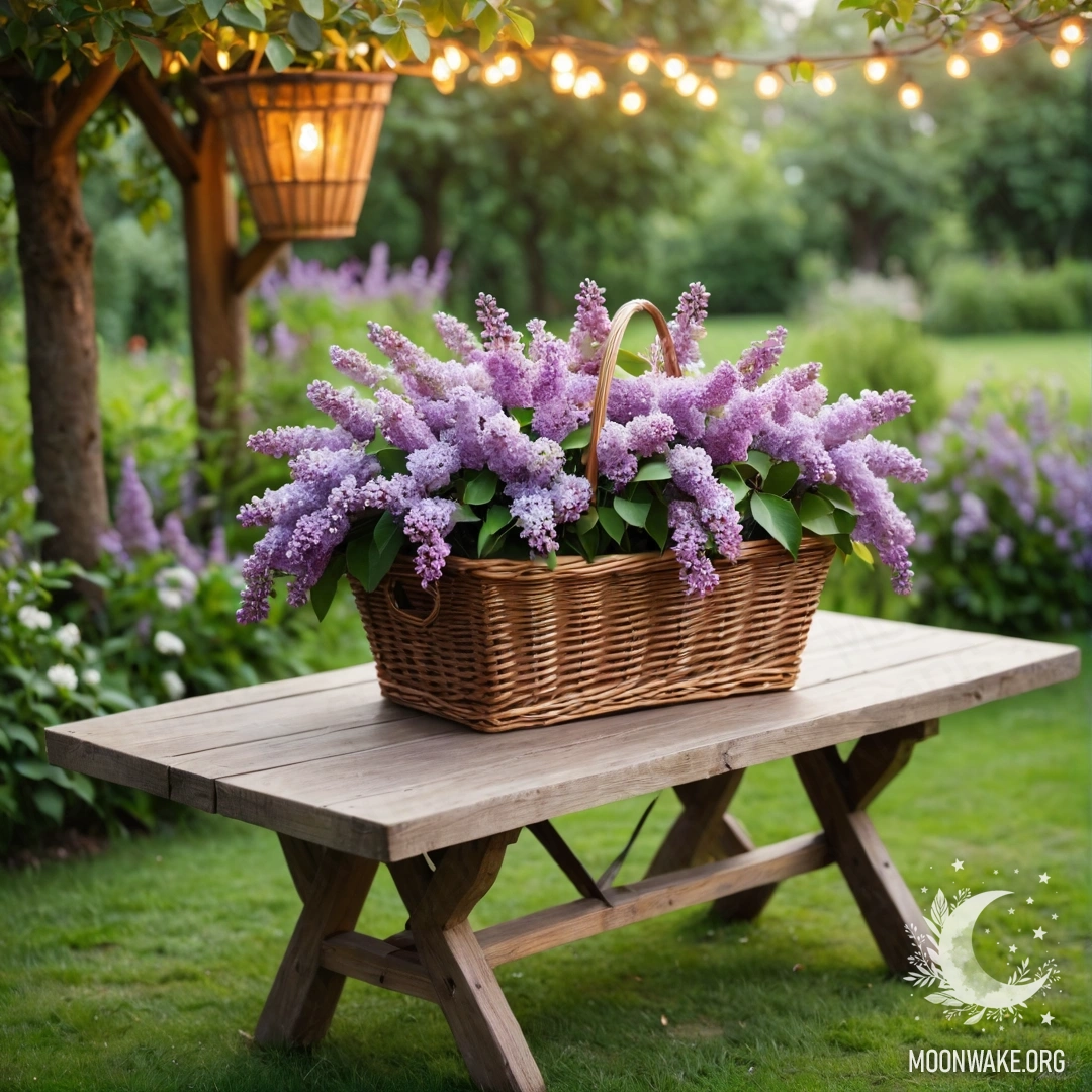 A vintage wooden table with a basket of lilacs in a garden ambiance with garland lights.