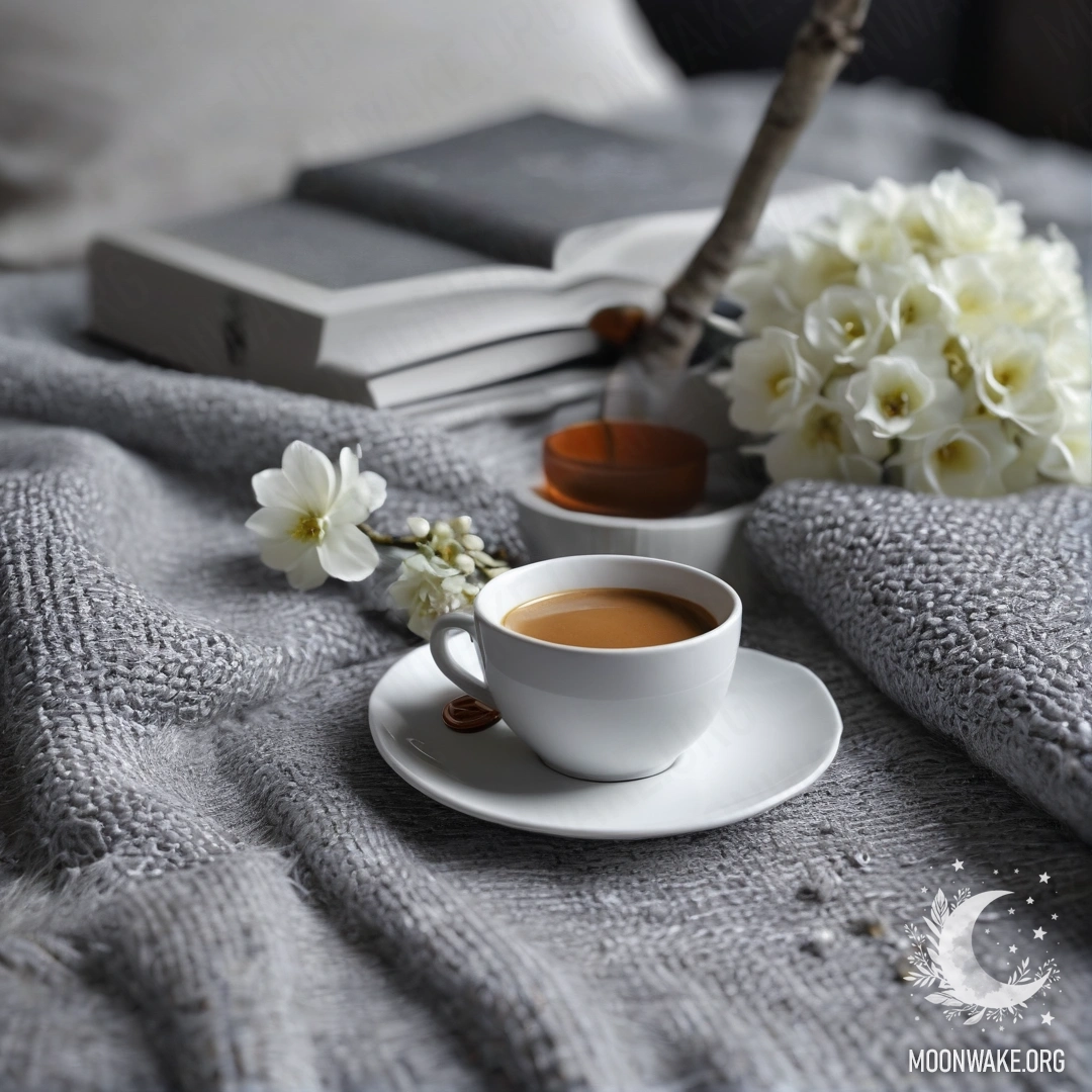 A close-up of a white chair adorned with a gray knitted blanket, a book, a branch with white flowers, and a cup of coffee.