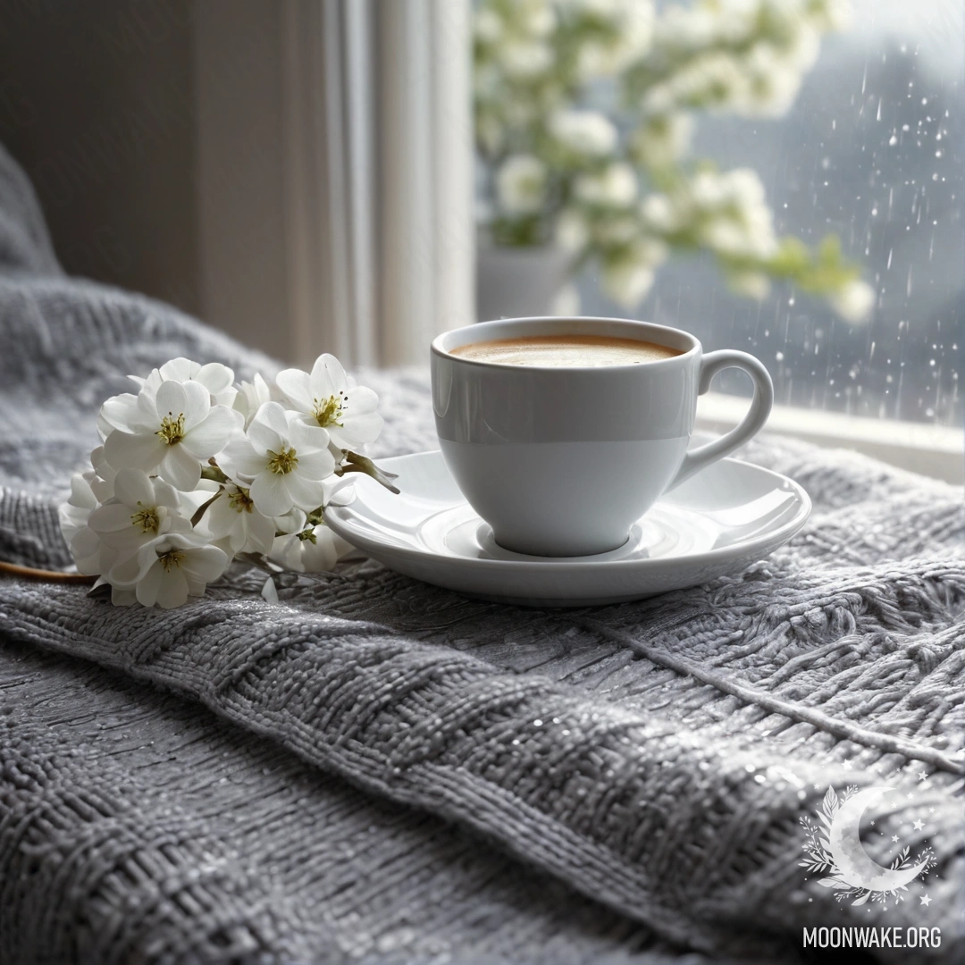 A close-up of a white chair featuring a gray knitted blanket, a book, a branch with white flowers, and a cup of coffee, all under gentle rain.