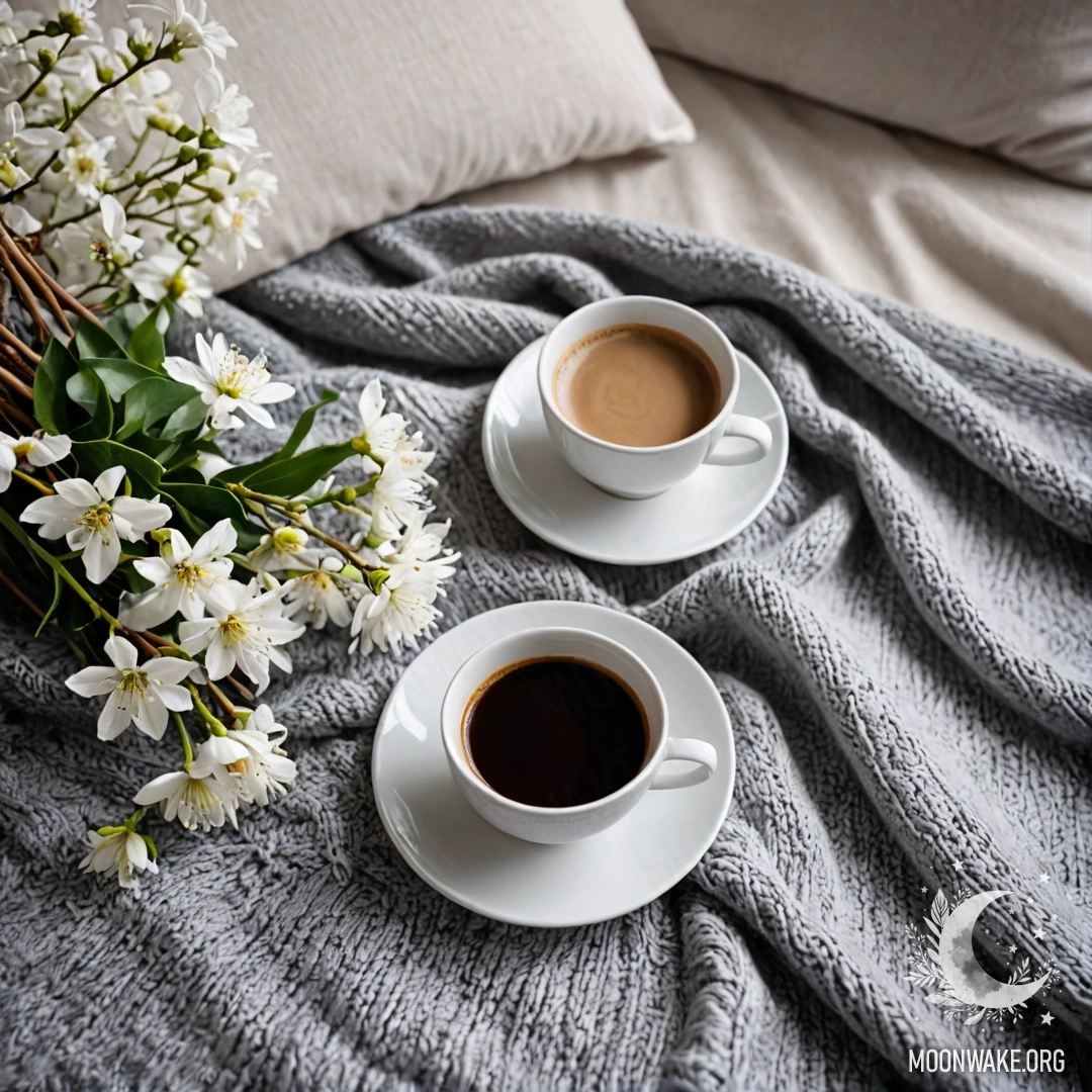 A close-up of a beautiful white chair with a gray knitted blanket, a book, a branch with white flowers, and a white cup of coffee.