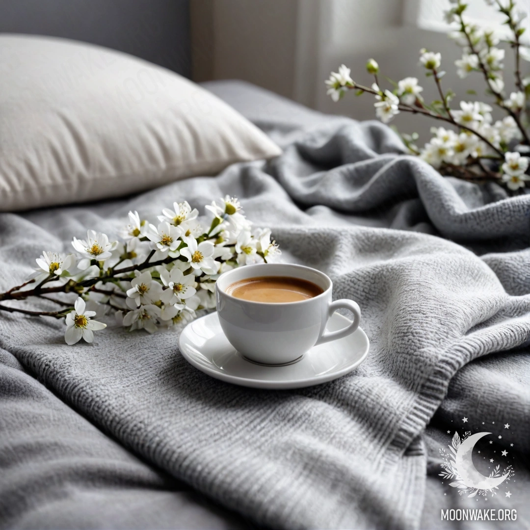 A close-up of a white chair with a gray knitted blanket, a book, a branch of white flowers, and a white cup of coffee resting on it.