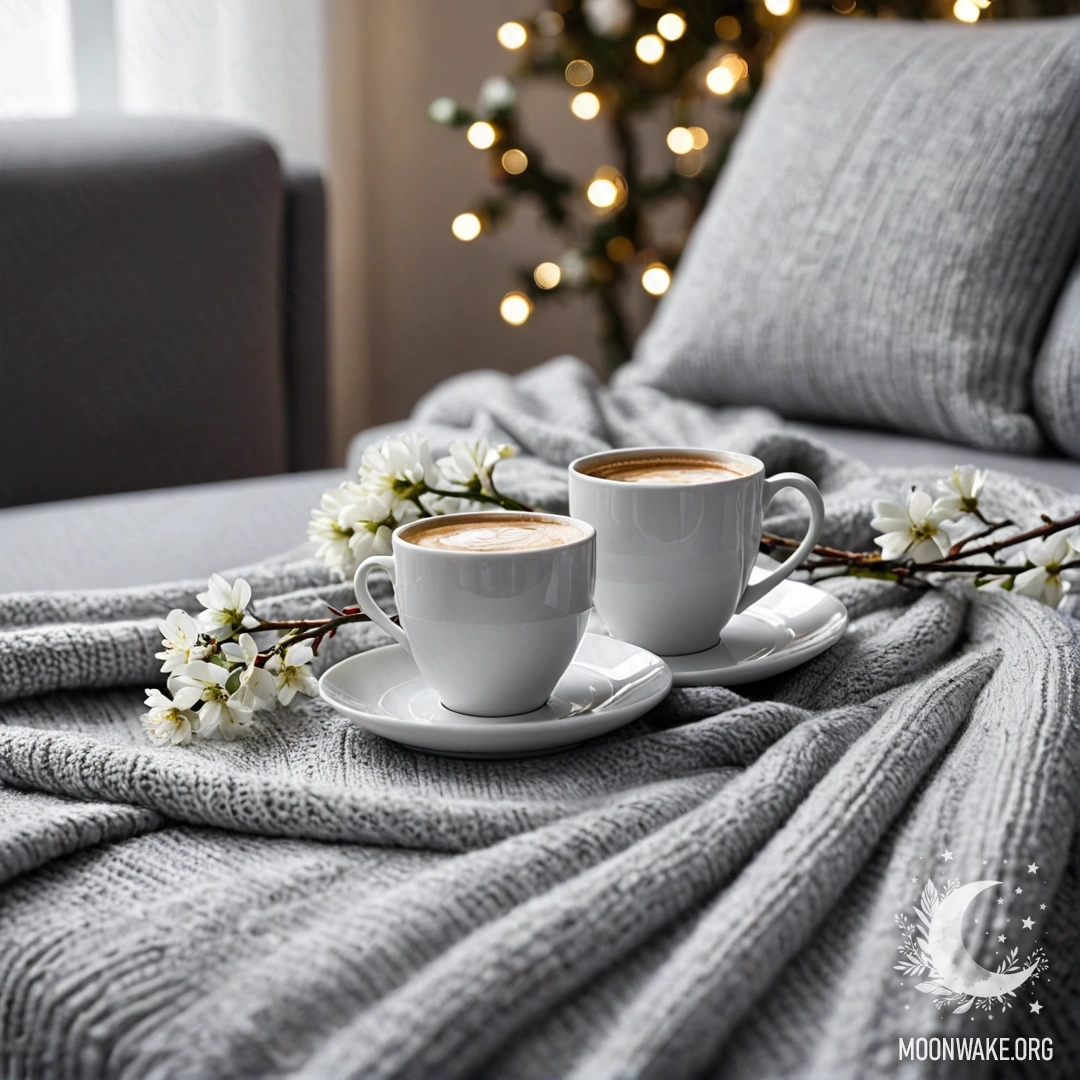 A close-up of a white chair featuring a gray knitted blanket, a book, a branch with white flowers, and a white cup of coffee surrounded by soft garland lights.