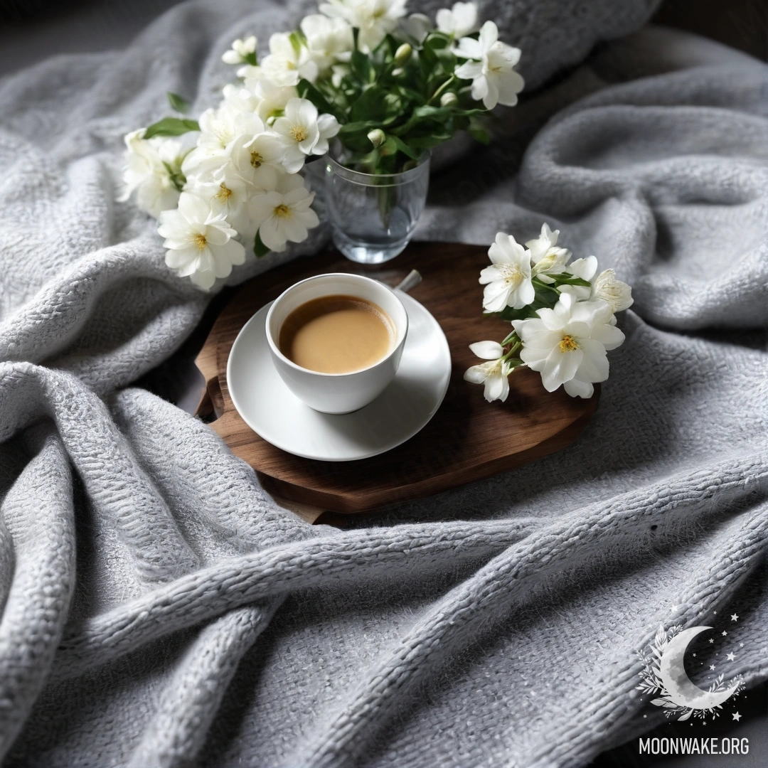 A close-up of a cozy white chair with a gray knitted blanket, a book, white flowers on a branch, and a white cup of coffee.