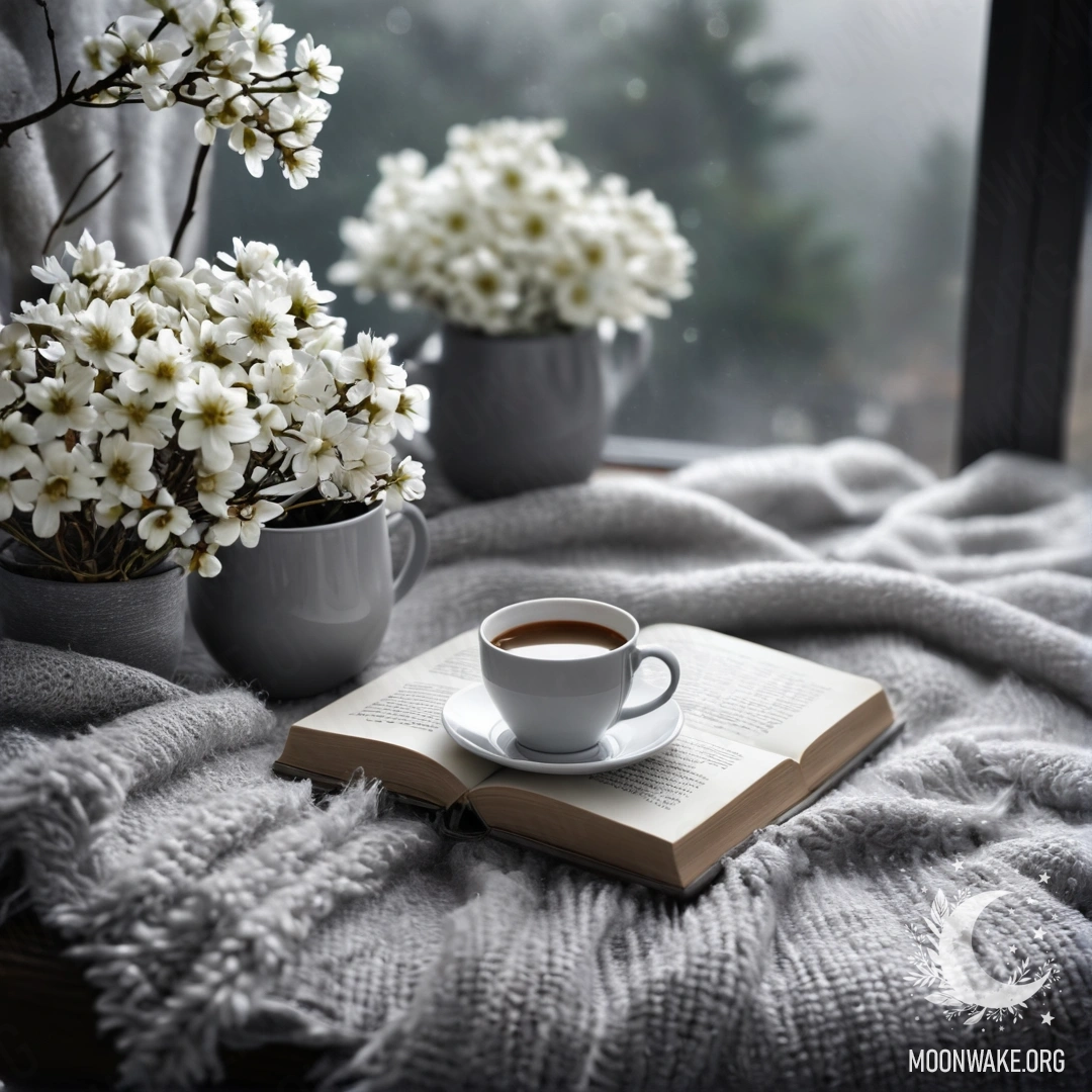 Cozy Chair with Coffee and Gray Blanket in Fog A close-up of a cozy white chair adorned with a gray knitted blanket, a book, a branch with white flowers, and a white cup of coffee, surrounded by dense mist.