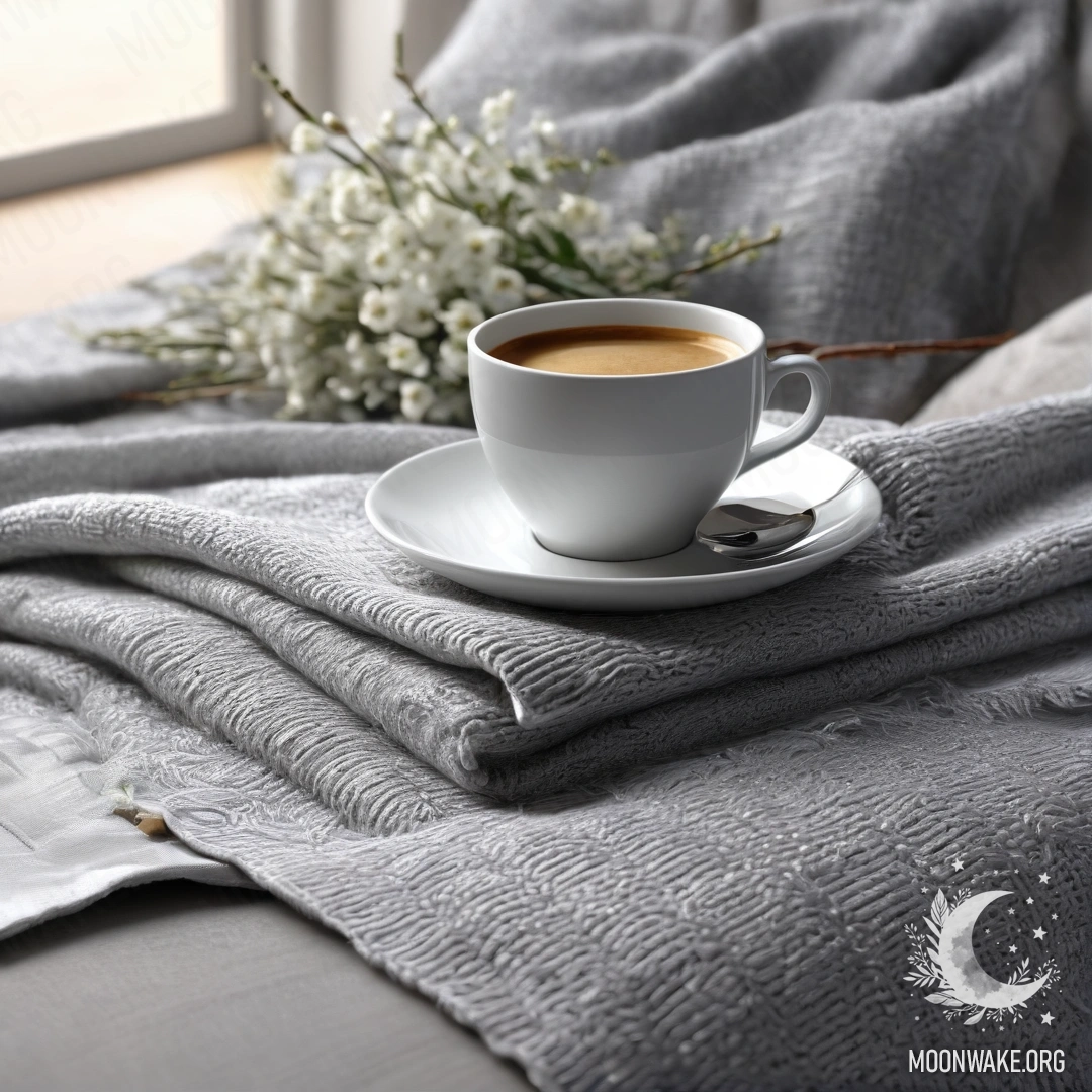 A close-up of a white chair adorned with a gray knitted blanket, a book, a branch of white flowers, and a cup of coffee, illuminated by sun rays.