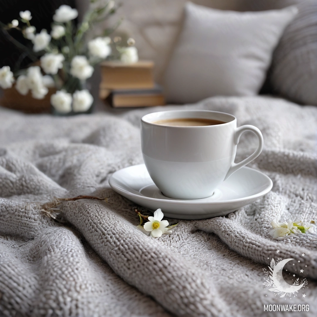 Cozy White Chair with Coffee and Flowers A cozy white chair with a gray blanket, a book, a branch of white flowers, and a white cup of coffee.