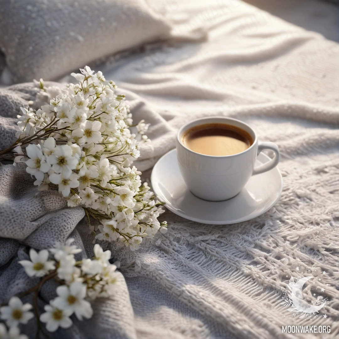 A close-up of a beautiful white chair adorned with a gray knitted blanket, a book, a blossoming branch, and a white cup of coffee, illuminated by soft sun rays.