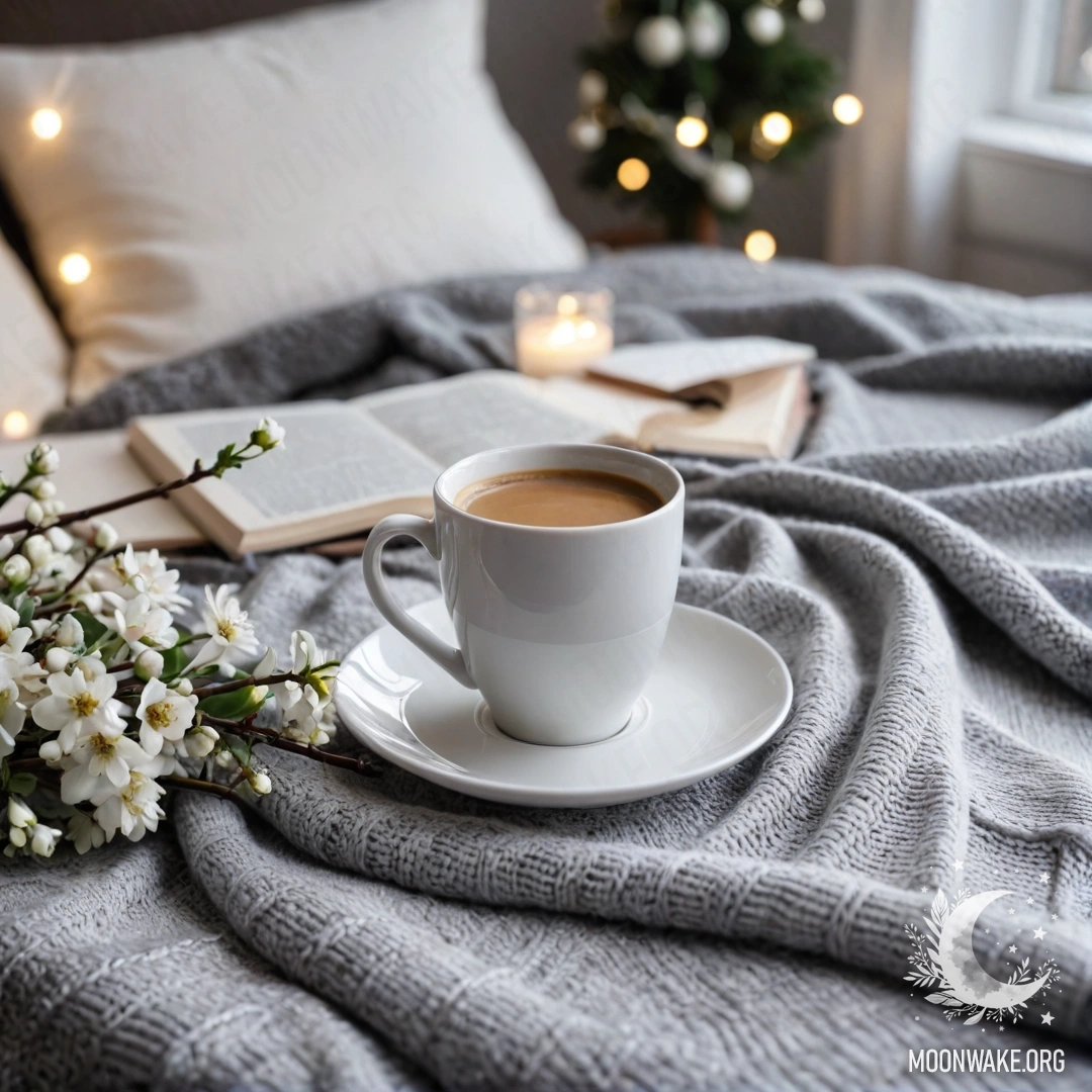 Cozy Atmosphere with White Chair and Coffee A close-up of a calm white chair adorned with a gray knitted blanket, a book, a branch with white flowers, and a white cup of coffee with festive lights.