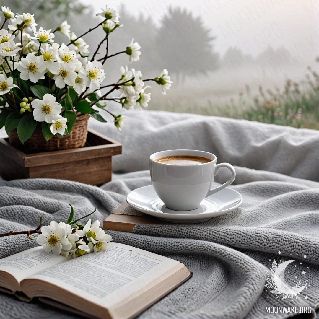 Cozy White Chair in Misty Ambiance A close-up of a white chair with a gray knitted blanket, a book, a branch with white flowers, and a white cup of coffee, enveloped in dense mist.