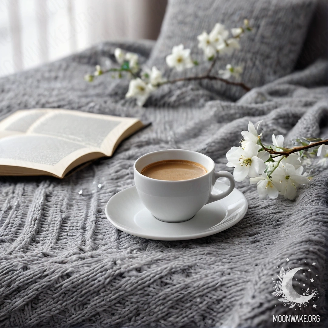 Cozy White Chair with Blanket and Coffee A close-up of a sweet white chair adorned with a gray knitted blanket, a book, a branch of white flowers, and a white cup of coffee.