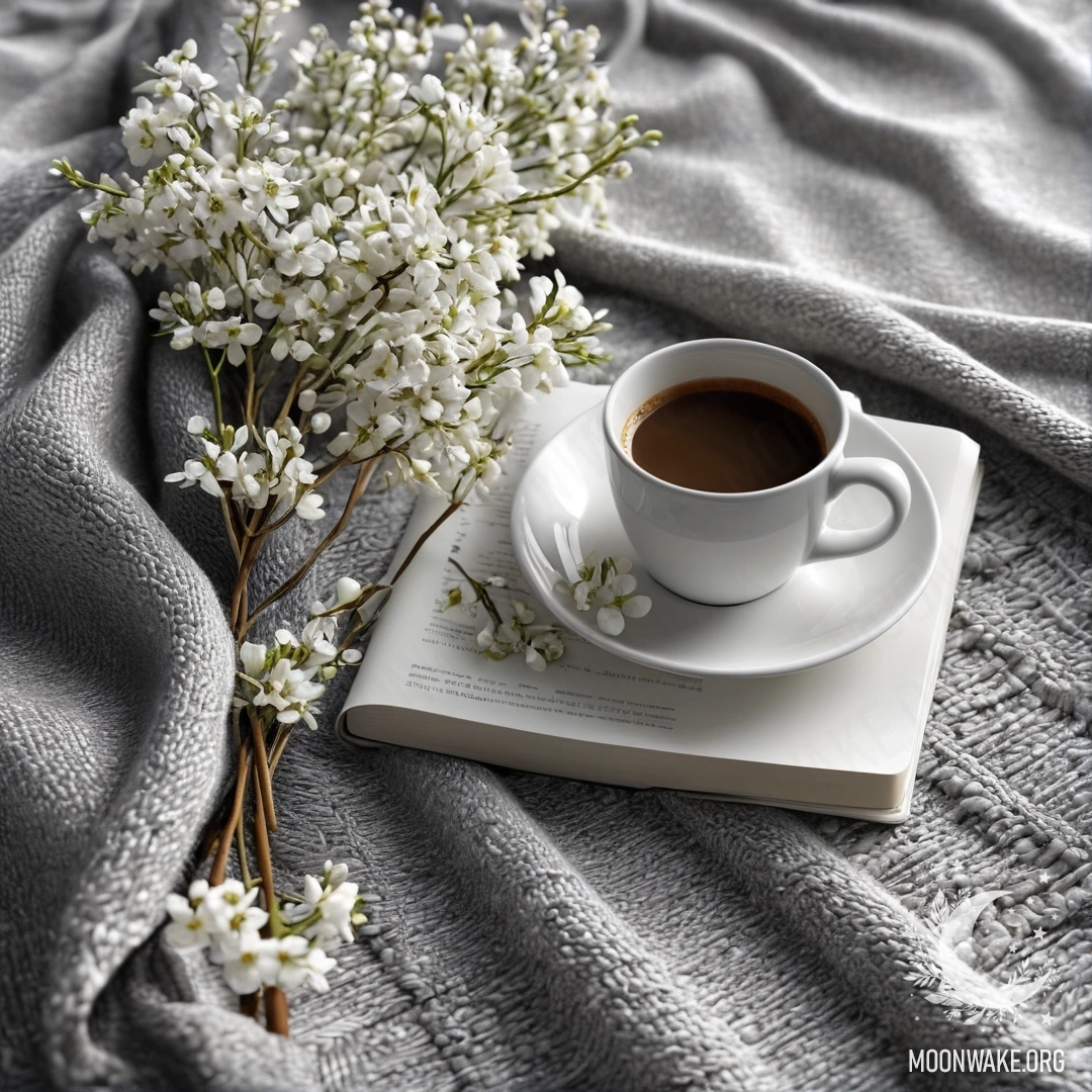 A close-up of a white chair with a gray knitted blanket, a book, a branch with white flowers, and a cup of coffee, illuminated by sun rays.