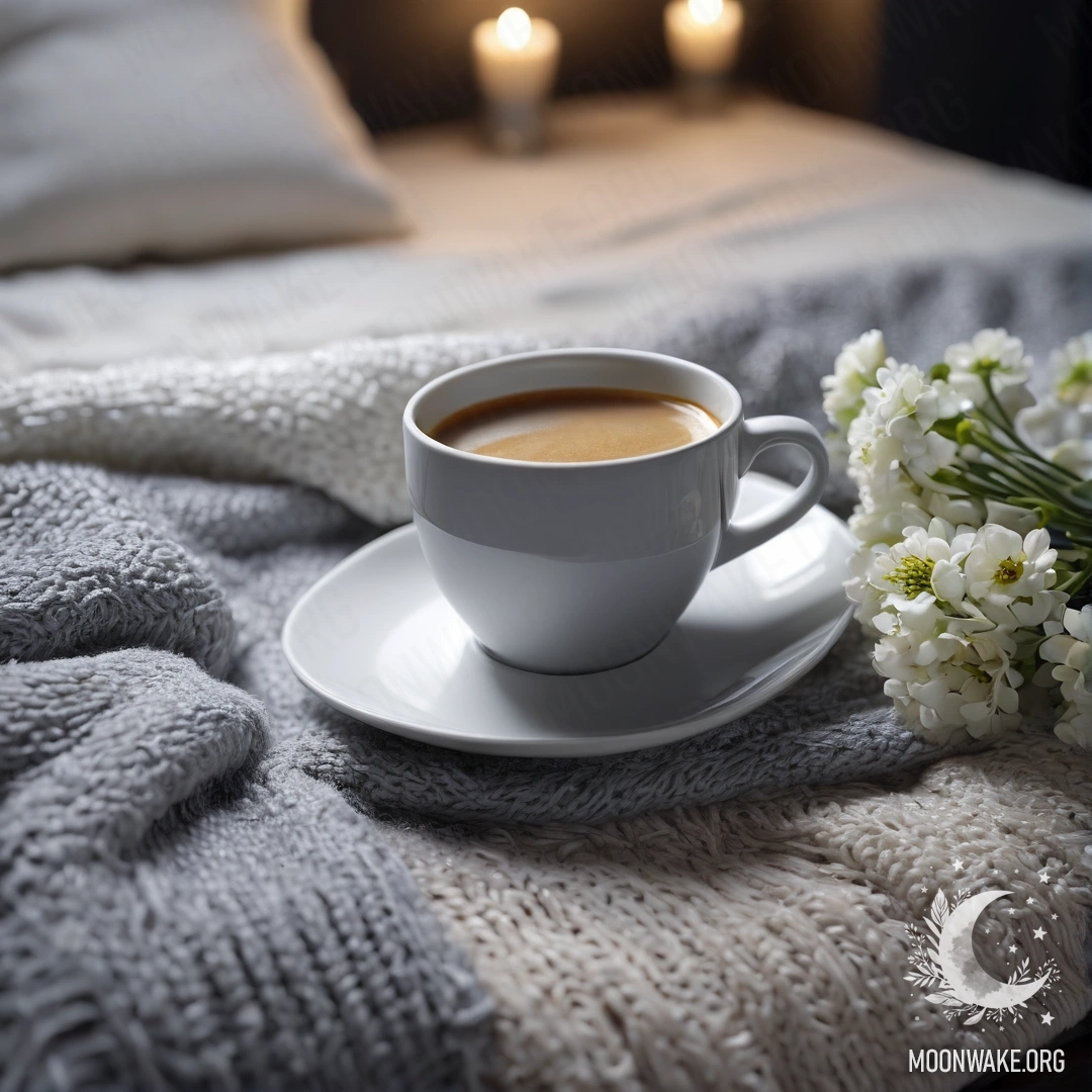 A close-up of a white chair with a gray blanket, a book, a branch with white flowers, and a cup of coffee at night.