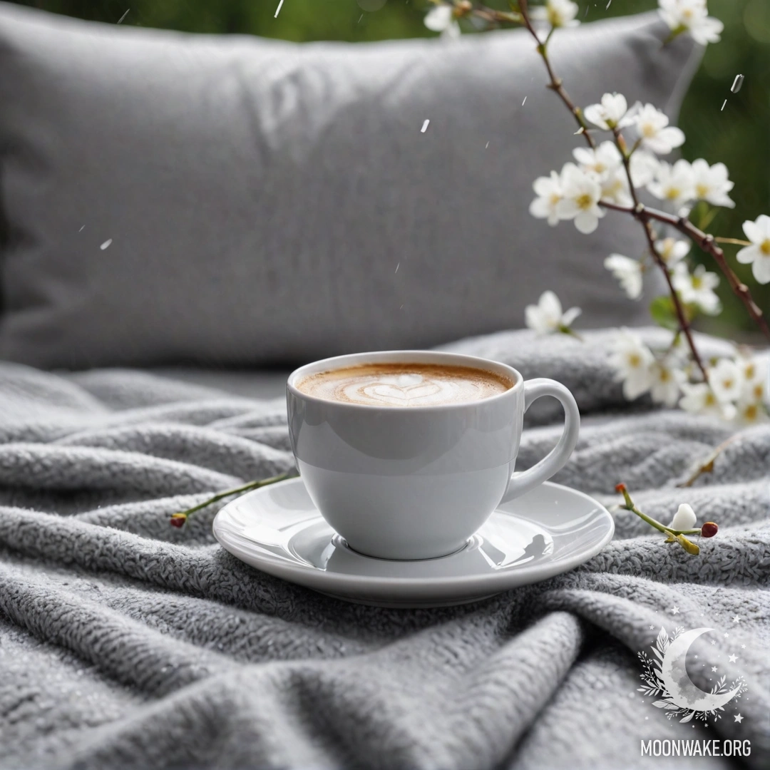 Cozy Rainy Day Retreat A cozy white chair with a gray knitted blanket, a book, a branch with white flowers, and a white cup of coffee resting under the rain.