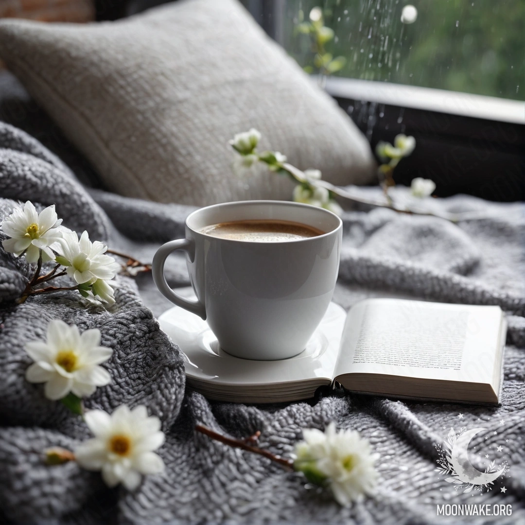 Cozy Coffee Moment on a Rainy Day A cozy white chair with a gray knitted blanket, a book, a branch with white flowers, and a white cup of coffee on a rainy background.