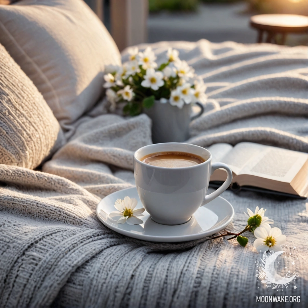 A close-up of a cozy white chair with a gray knitted blanket, a book, a branch with white flowers, and a white cup of coffee beside a sunset.