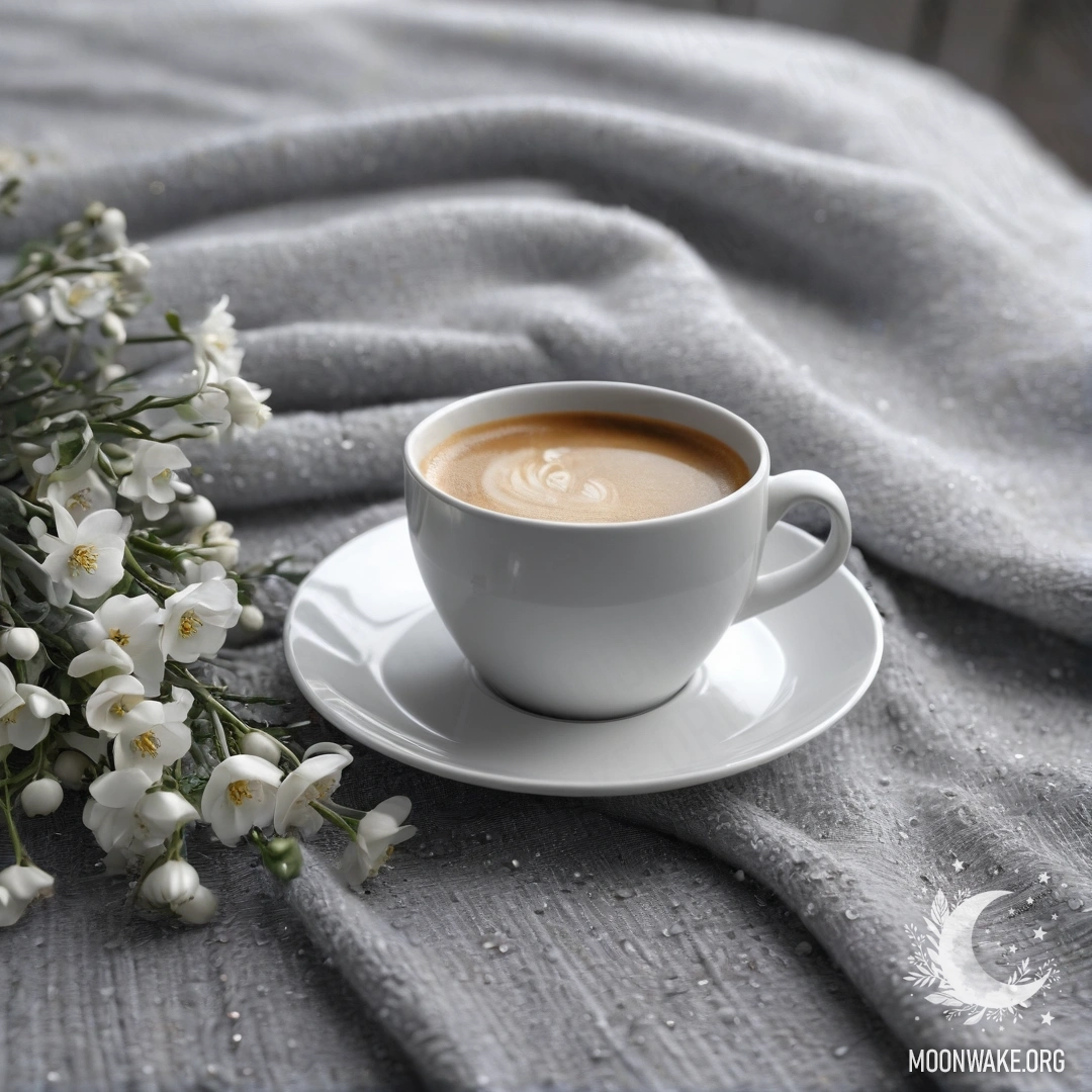 Cozy Moments: A White Chair Under Rain A close-up of a white chair with a gray knitted blanket, a book, a branch with white flowers, and a white cup of coffee, all under the rain.