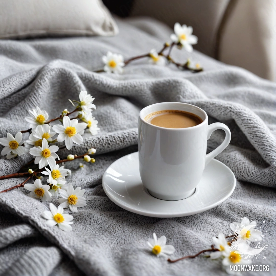 A close-up of a white chair adorned with a gray blanket, a book, a branch of white flowers, and a cup of coffee.