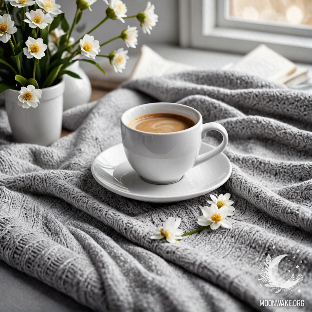 A close-up of a white chair adorned with a gray knitted blanket, a book, a branch with white flowers, and a cup of coffee resting on it.