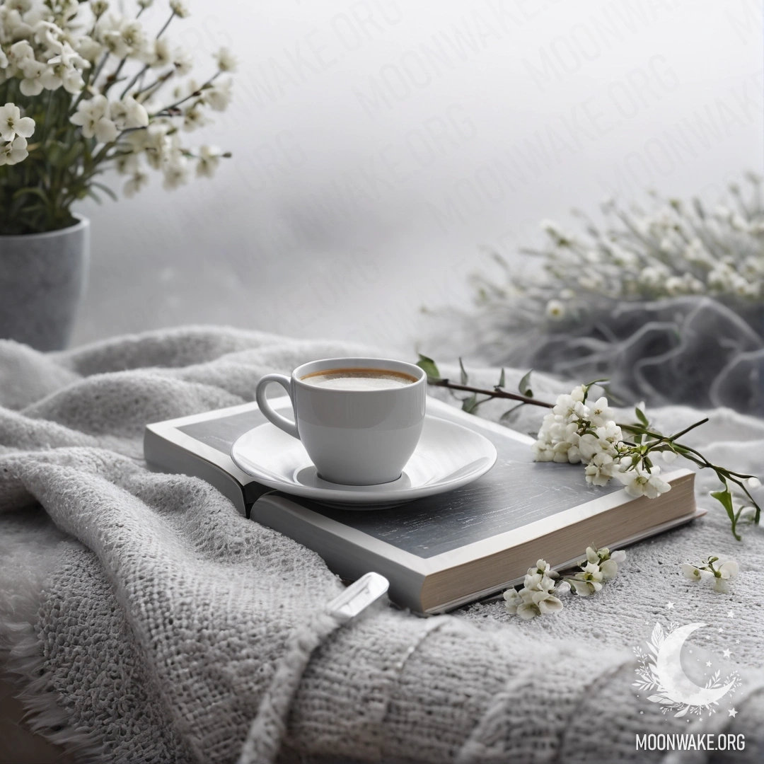 A close-up view of an abstract white chair adorned with a gray knitted blanket, a book, a branch with white flowers, and a white cup of coffee, enveloped in dense mist.