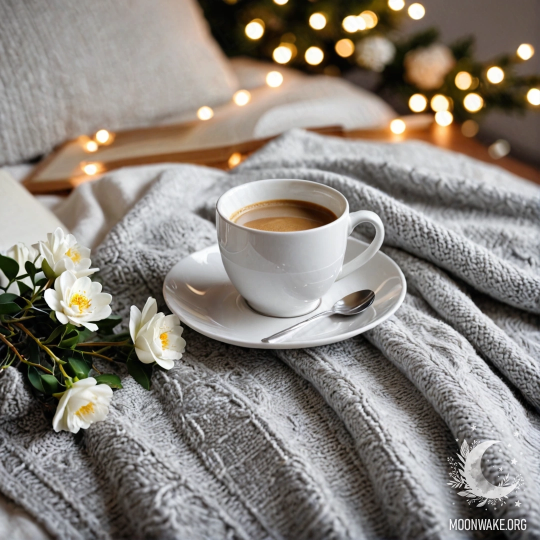 A close-up of a white chair with a gray knitted blanket, a book, a branch with white flowers, and a white cup of coffee illuminated by fairy lights.