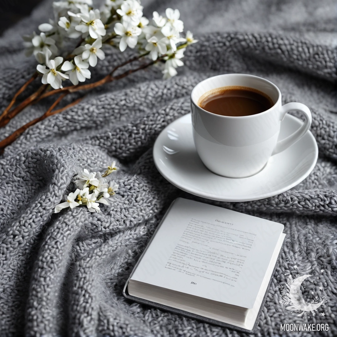 A close-up of a white chair adorned with a gray knitted blanket, a book, a branch of white flowers, and a cup of coffee, creating a cozy atmosphere.