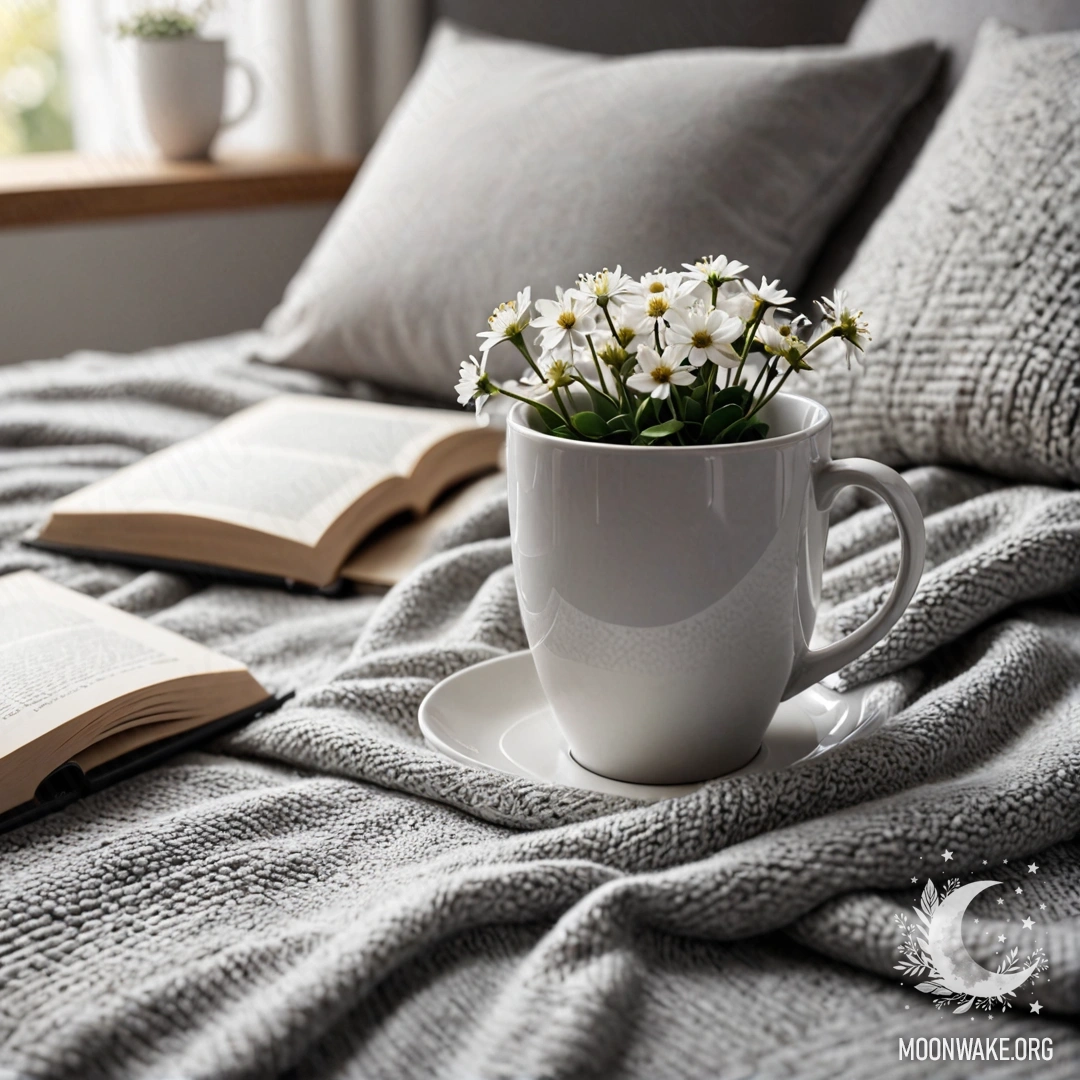Close-up of a white chair with a gray blanket, a book, a branch with white flowers, and a cup of coffee