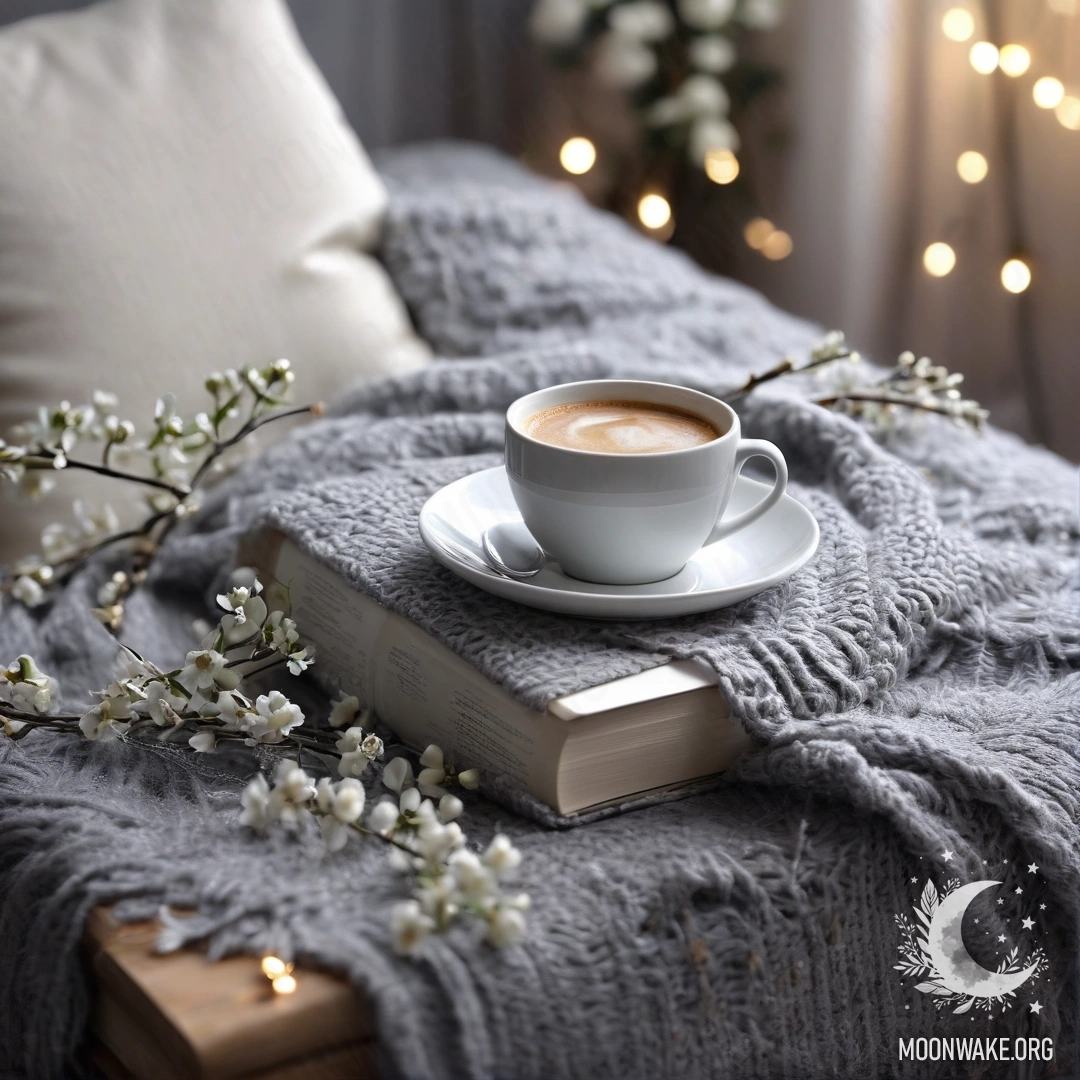 A close-up of a white chair with a knitted blanket, a book, a branch with white flowers, and a cup of coffee adorned with fairy lights.