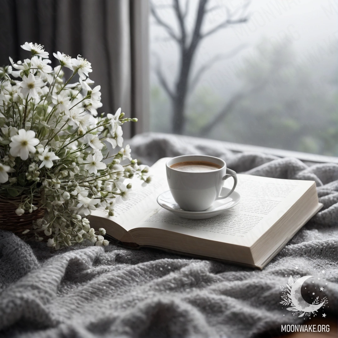 Cozy White Chair with Coffee and Flowers Close-up of a white chair with a gray blanket, a book, a branch with white flowers, and a cup of coffee in dense fog.